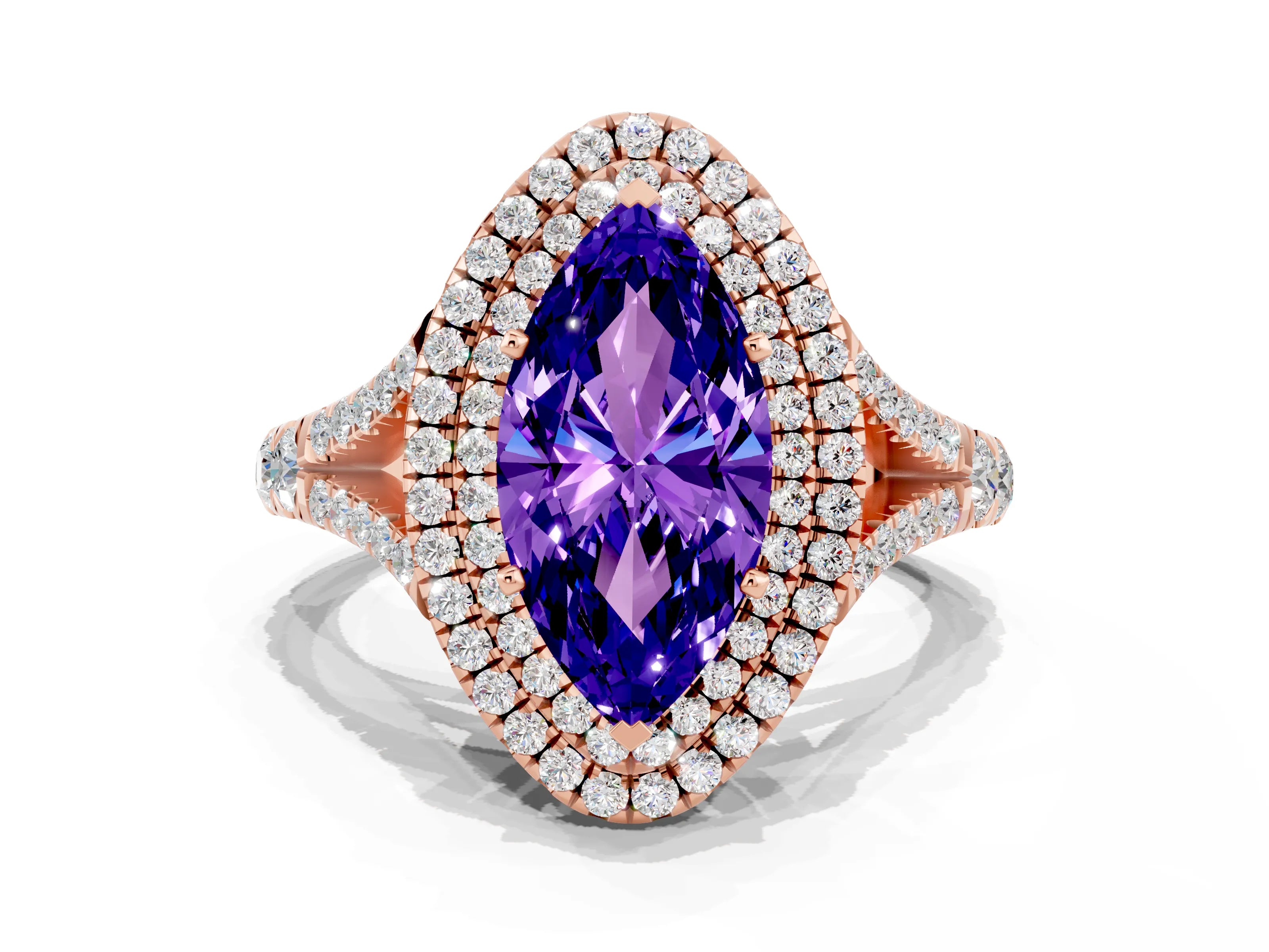 Rose gold Double Halo Marquise Cut Tanzanite Pavé Split Shank Ring with Prong Setting