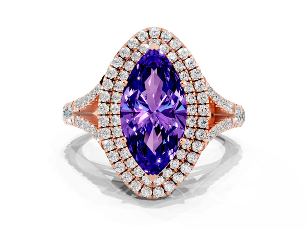 Rose gold Double Halo Marquise Cut Tanzanite Pavé Split Shank Ring with Prong Setting