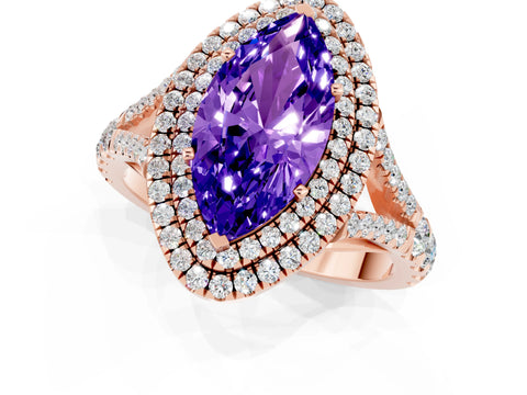 Rose gold Double Halo Marquise Cut Tanzanite Pavé Split Shank Ring with Prong Setting_1