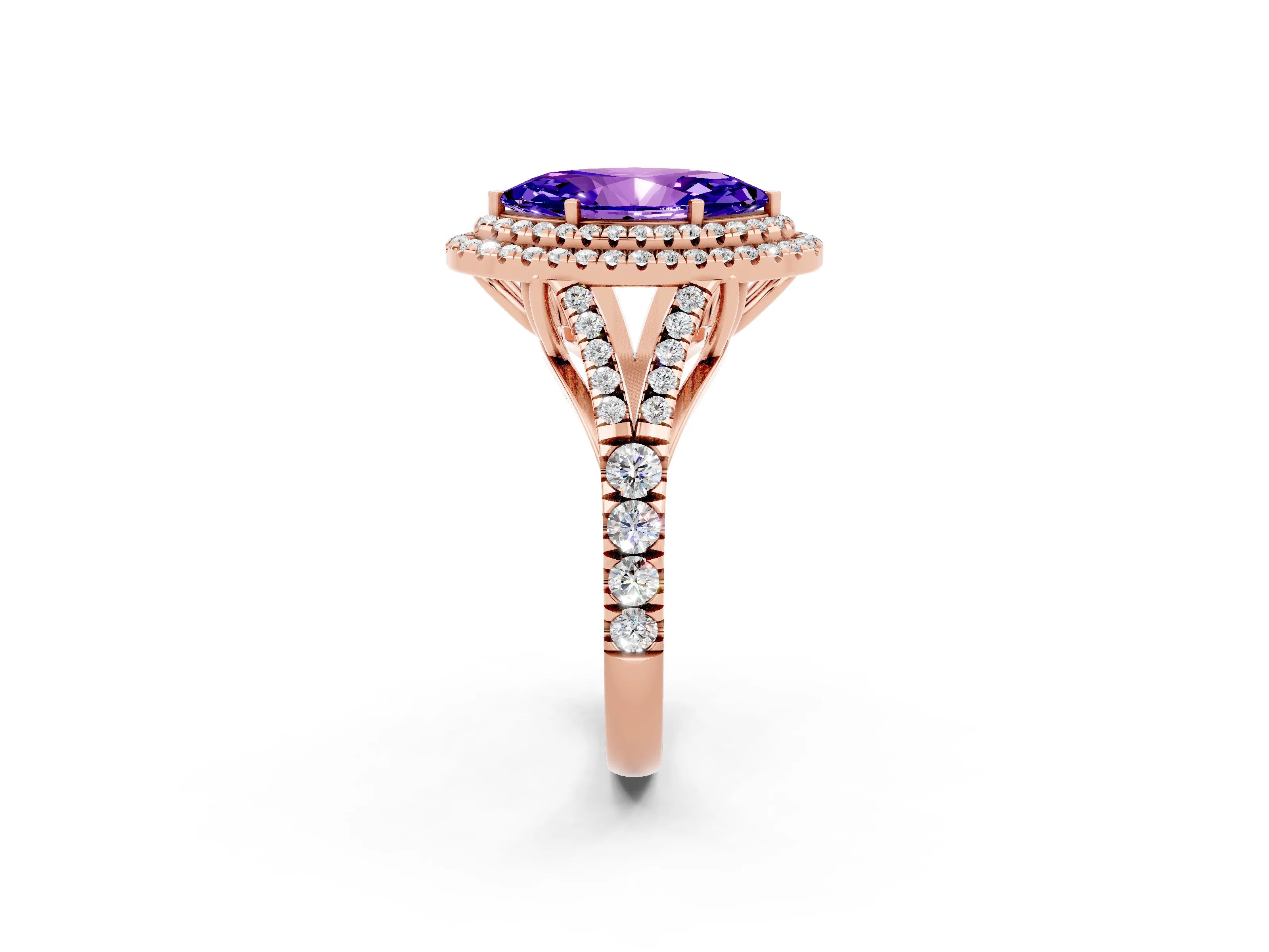 Rose gold Double Halo Marquise Cut Tanzanite Pavé Split Shank Ring with Prong Setting_2