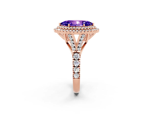 Rose gold Double Halo Marquise Cut Tanzanite Pavé Split Shank Ring with Prong Setting