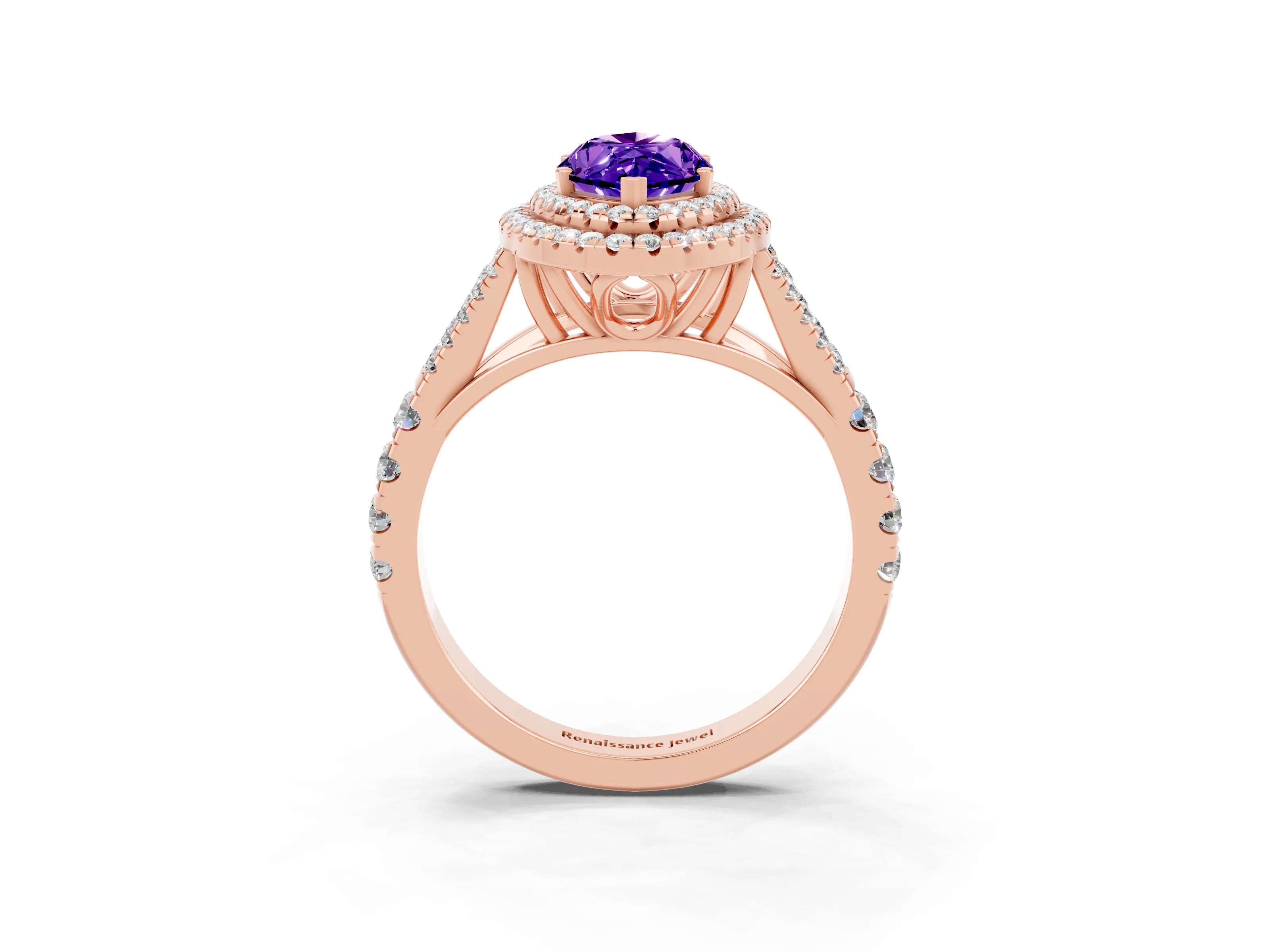 Rose gold Double Halo Marquise Cut Tanzanite Pavé Split Shank Ring with Prong Setting_3