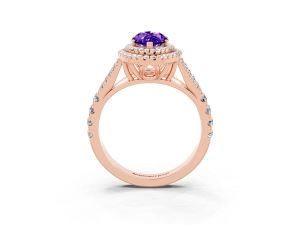 Rose gold Double Halo Marquise Cut Tanzanite Pavé Split Shank Ring with Prong Setting