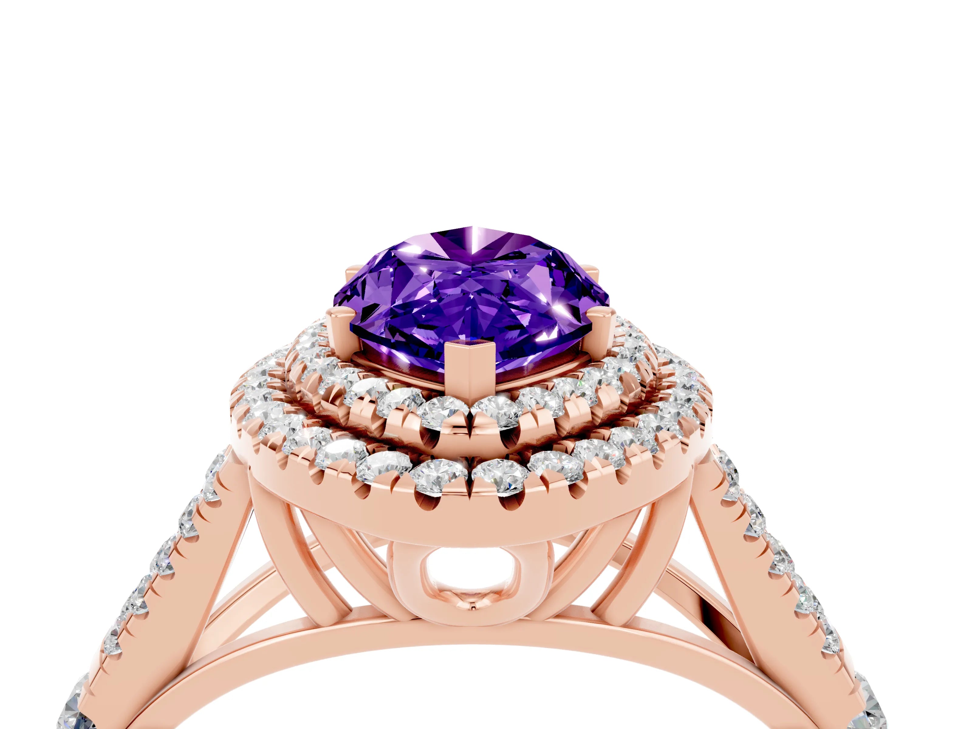 Rose gold Double Halo Marquise Cut Tanzanite Pavé Split Shank Ring with Prong Setting_4
