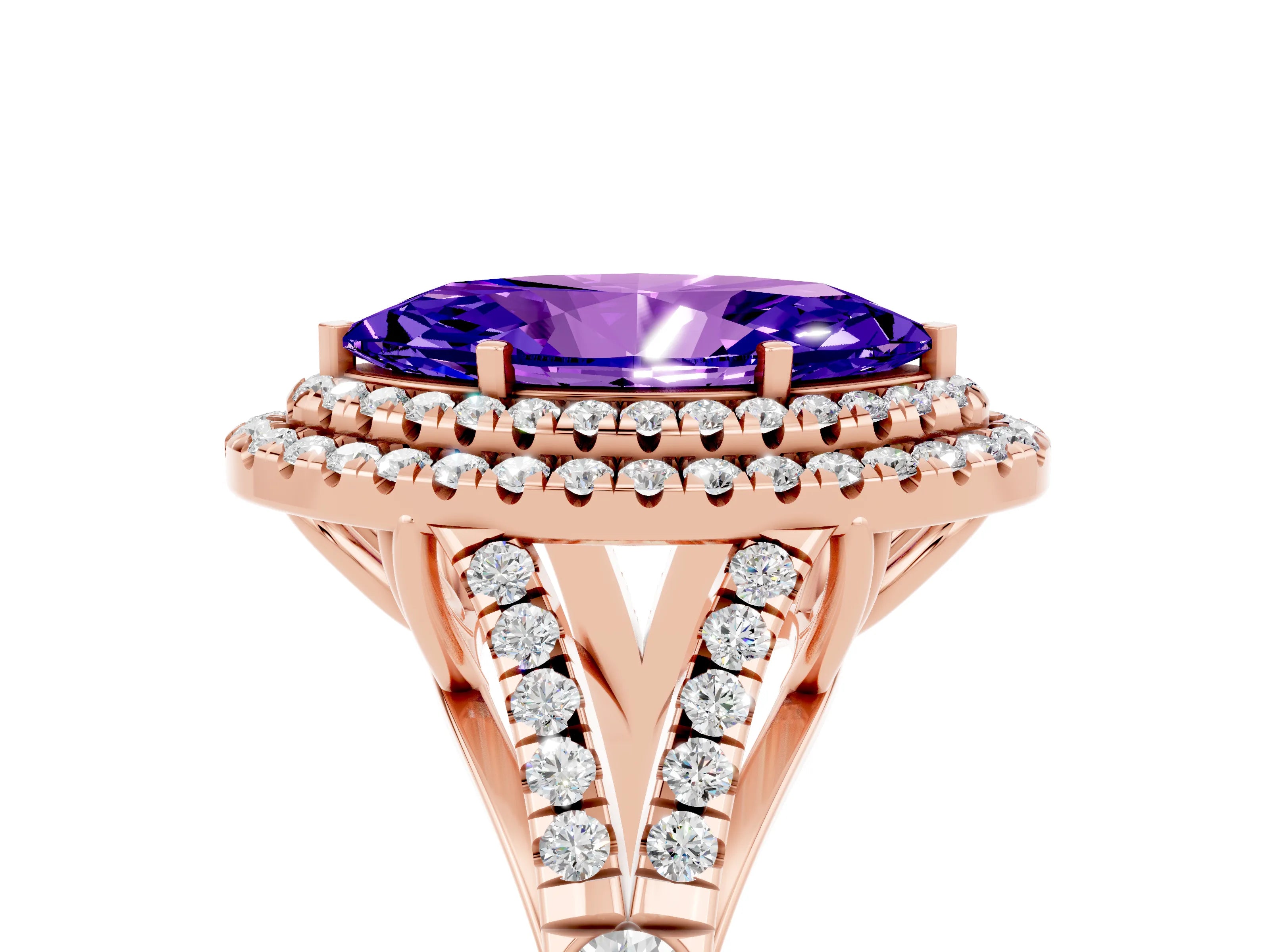 Rose gold Double Halo Marquise Cut Tanzanite Pavé Split Shank Ring with Prong Setting_5