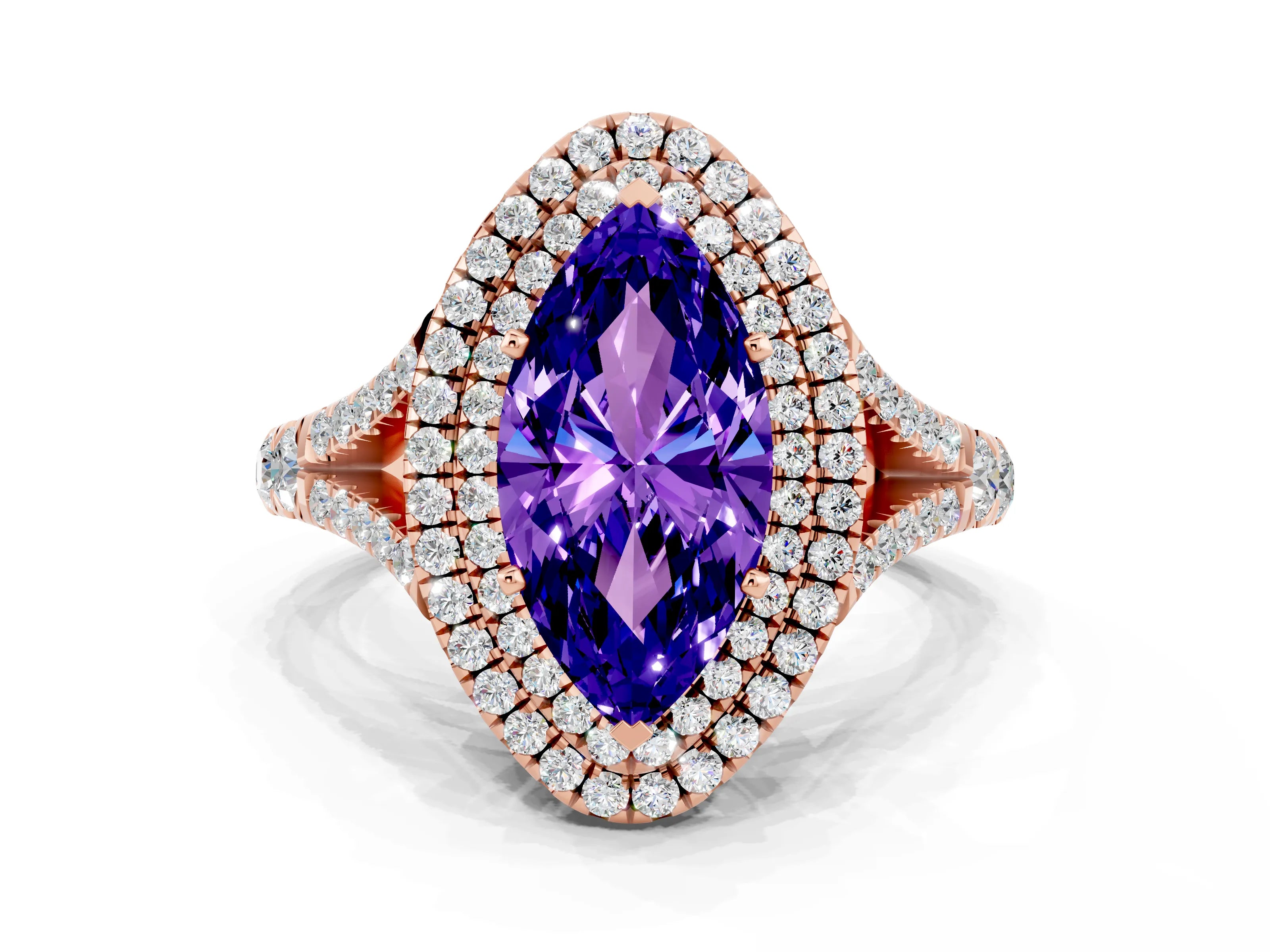 Rose gold Double Halo Marquise Cut Tanzanite Split Shank Engagement Ring with Four-Prong Setting