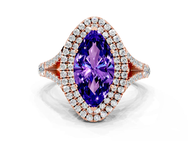 Rose gold Double Halo Marquise Cut Tanzanite Split Shank Engagement Ring with Four-Prong Setting