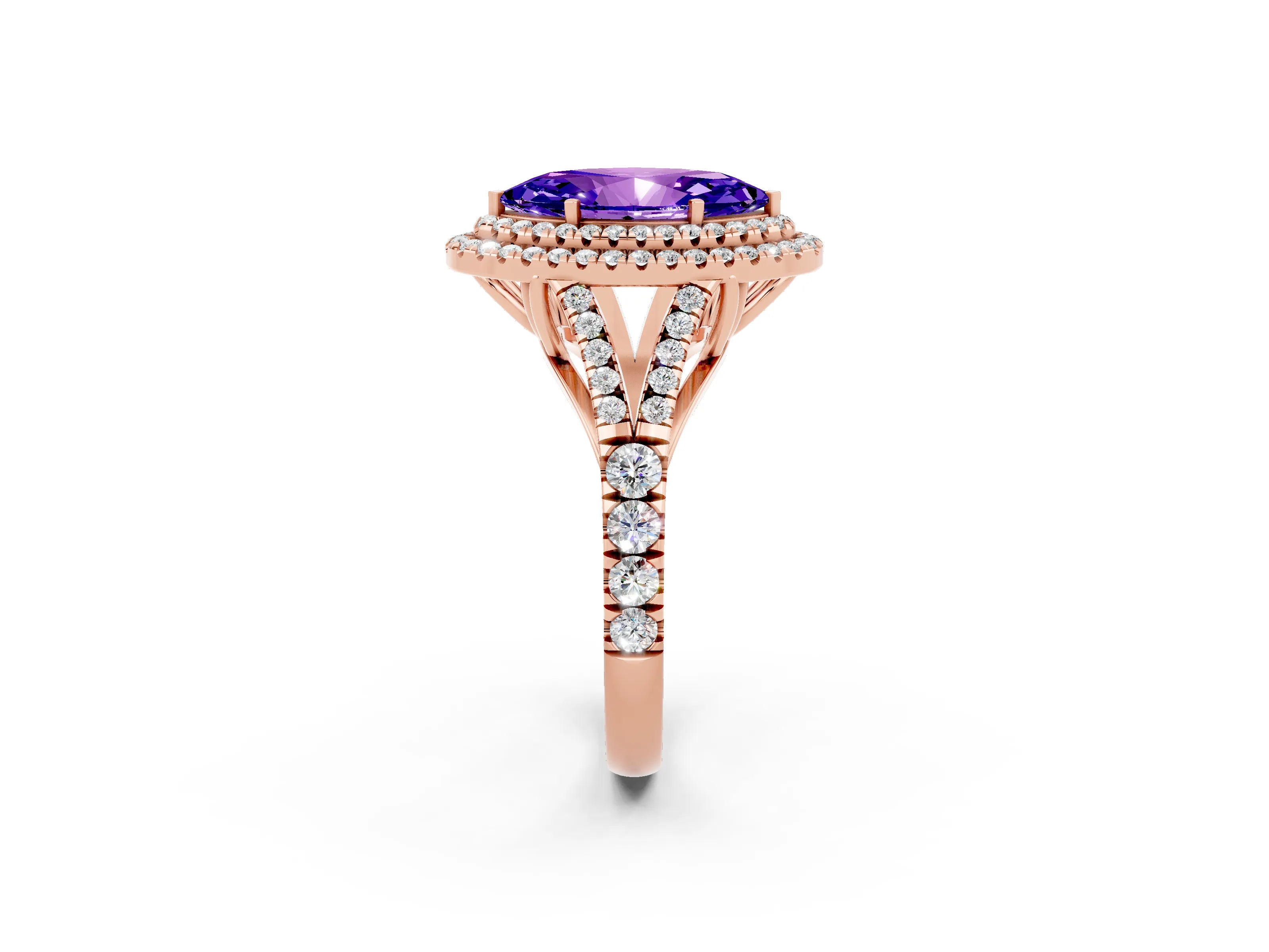 Rose gold Double Halo Marquise Cut Tanzanite Split Shank Engagement Ring with Four-Prong Setting_2