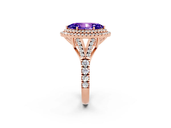 Rose gold Double Halo Marquise Cut Tanzanite Split Shank Engagement Ring with Four-Prong Setting