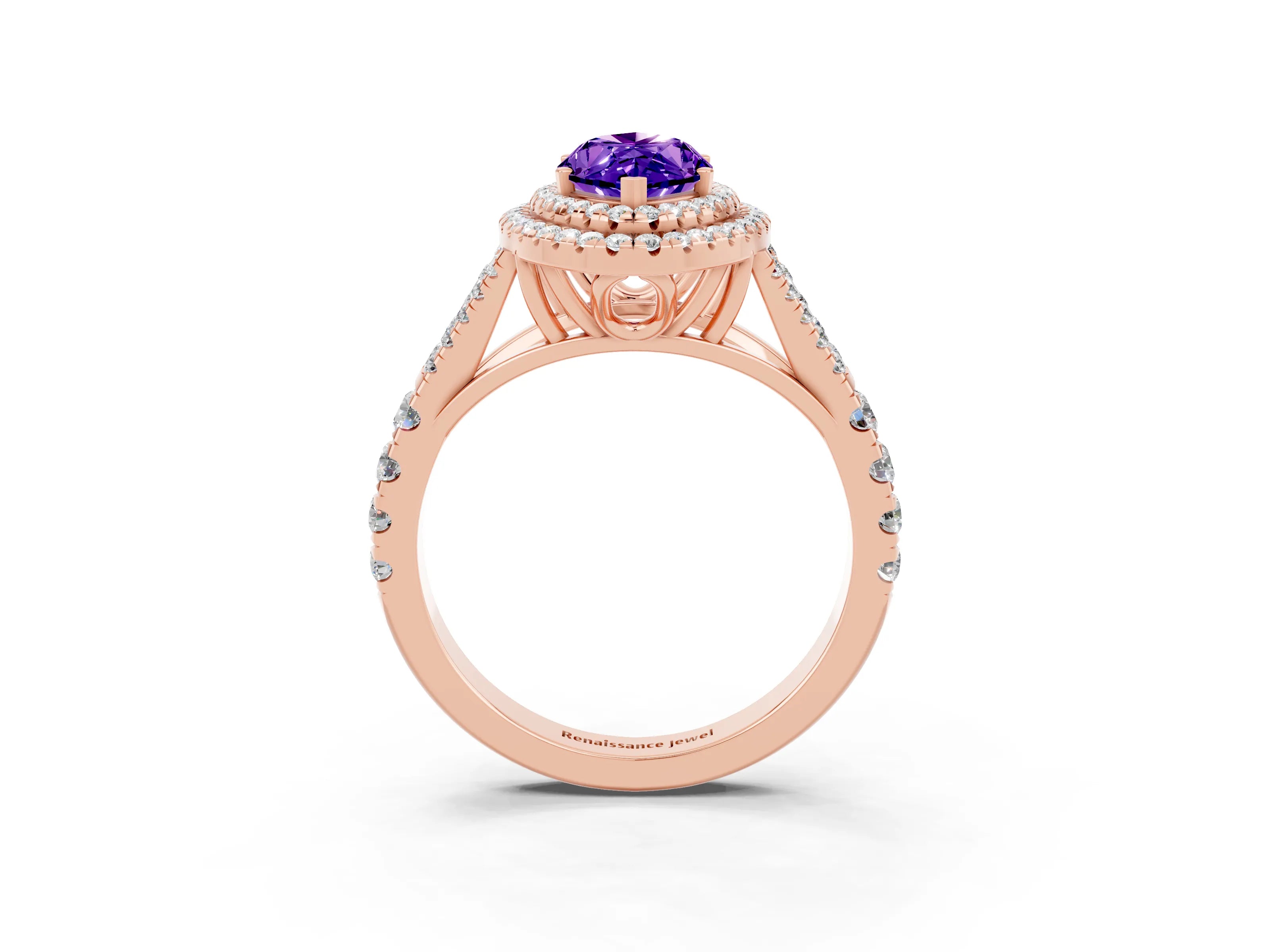 Rose gold Double Halo Marquise Cut Tanzanite Split Shank Engagement Ring with Four-Prong Setting_3