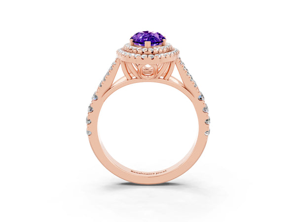 Rose gold Double Halo Marquise Cut Tanzanite Split Shank Engagement Ring with Four-Prong Setting