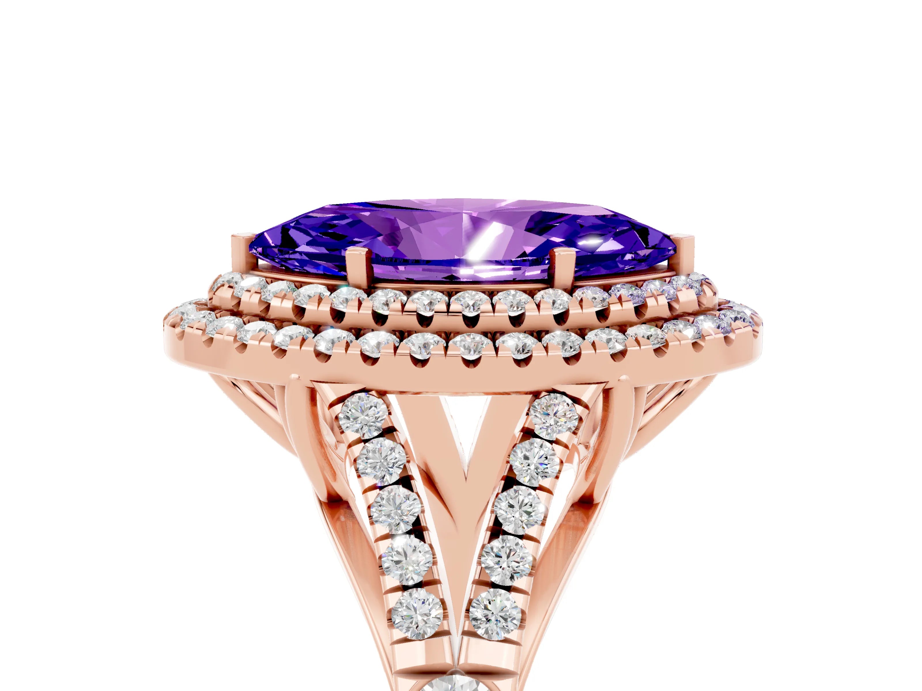 Rose gold Double Halo Marquise Cut Tanzanite Split Shank Engagement Ring with Four-Prong Setting_5