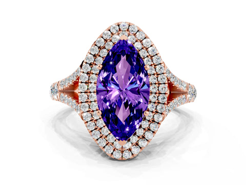 Rose gold Double Halo Marquise Cut Tanzanite Split Shank Engagement Ring with Four-Prong Setting