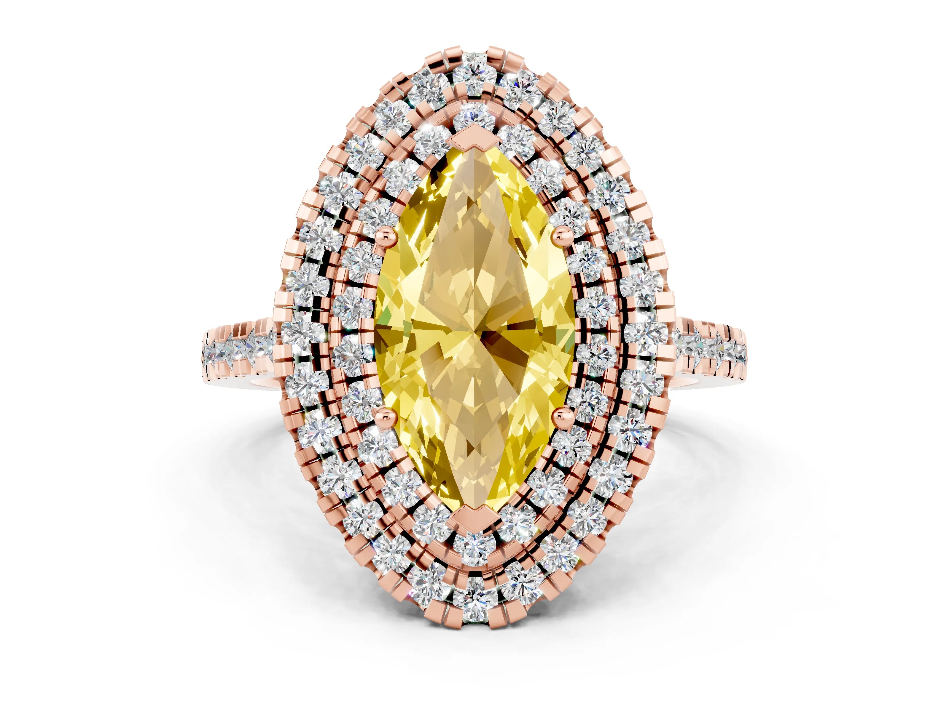 Rose gold Double Halo Marquise Cut Yellow Sapphire Pavé Band with Four-Prong Setting_24