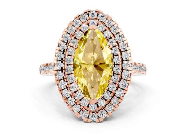 Rose gold Double Halo Marquise Cut Yellow Sapphire Pavé Band with Four-Prong Setting
