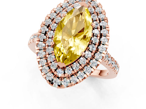 Rose gold Double Halo Marquise Cut Yellow Sapphire Pavé Band with Four-Prong Setting_25