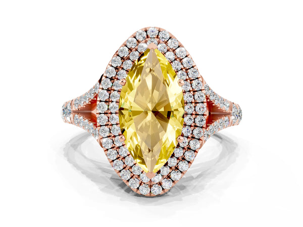 Rose gold Double Halo Marquise Cut Yellow Sapphire Pavé Split Shank Ring with Prong Setting