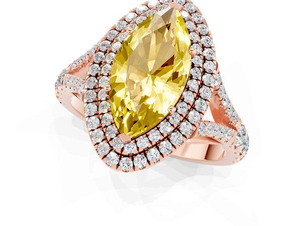 Rose gold Double Halo Marquise Cut Yellow Sapphire Pavé Split Shank Ring with Prong Setting
