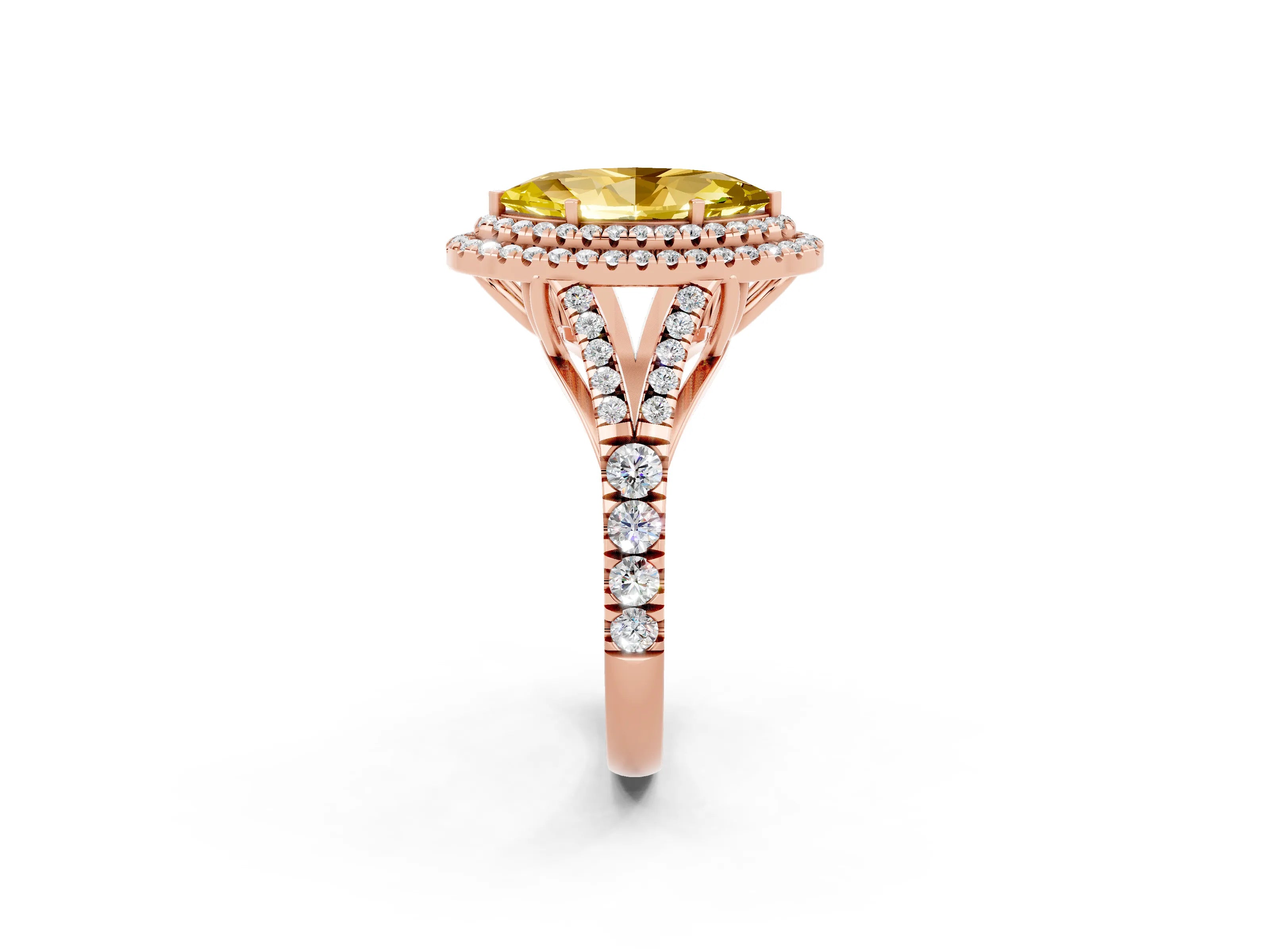 Rose gold Double Halo Marquise Cut Yellow Sapphire Pavé Split Shank Ring with Prong Setting_2