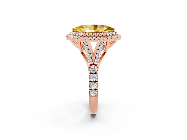 Rose gold Double Halo Marquise Cut Yellow Sapphire Pavé Split Shank Ring with Prong Setting