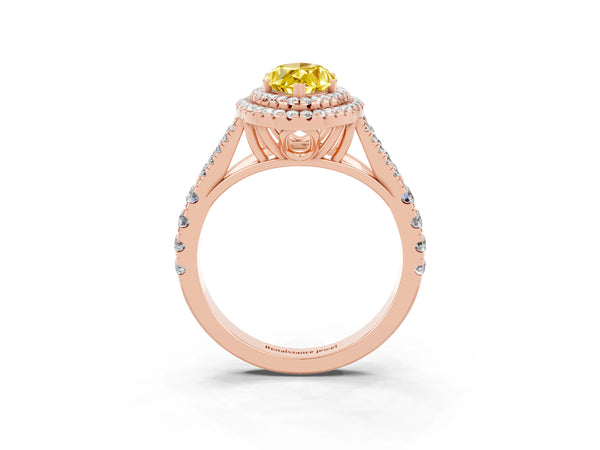 Rose gold Double Halo Marquise Cut Yellow Sapphire Pavé Split Shank Ring with Prong Setting