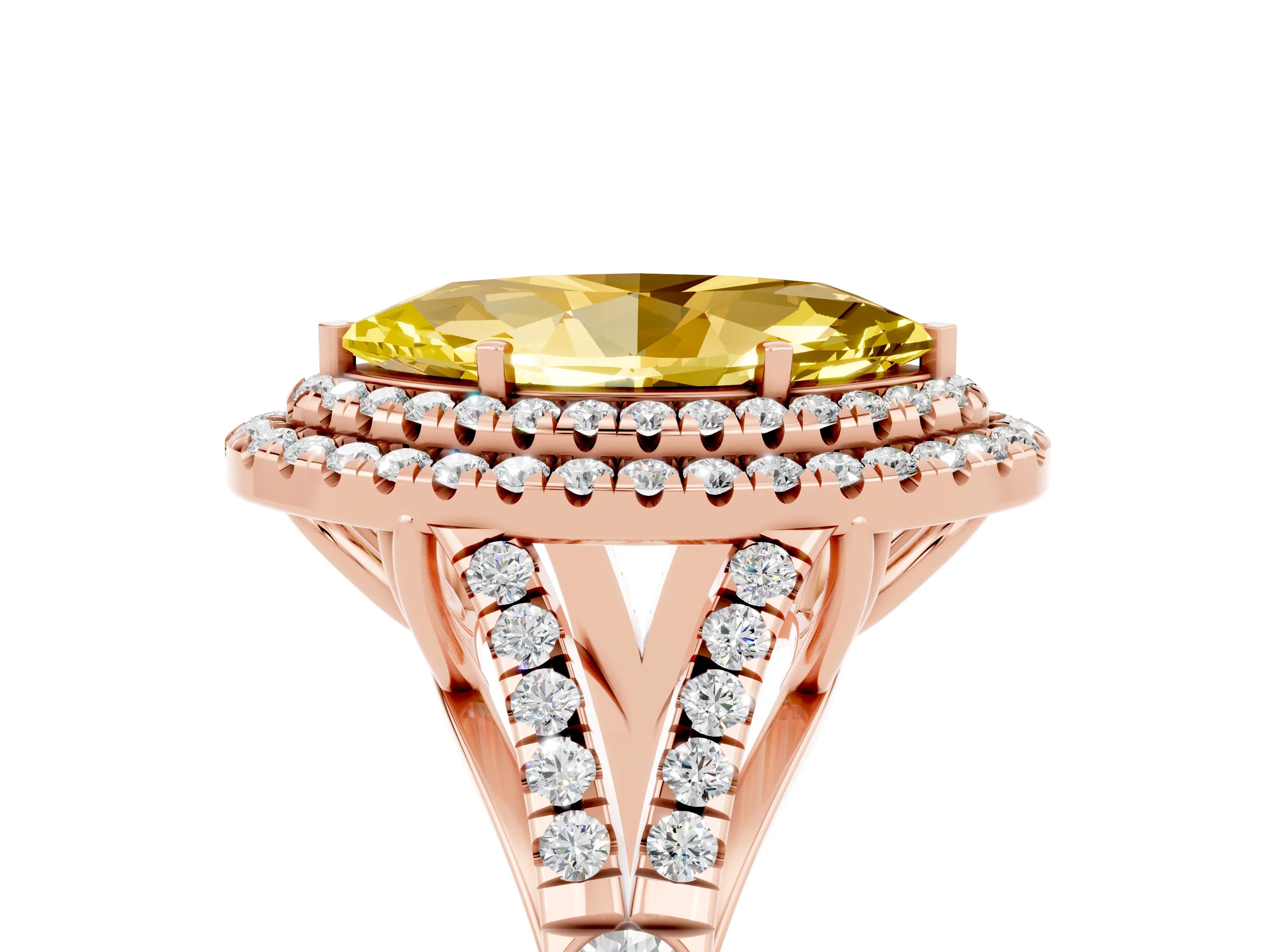 Rose gold Double Halo Marquise Cut Yellow Sapphire Pavé Split Shank Ring with Prong Setting_5