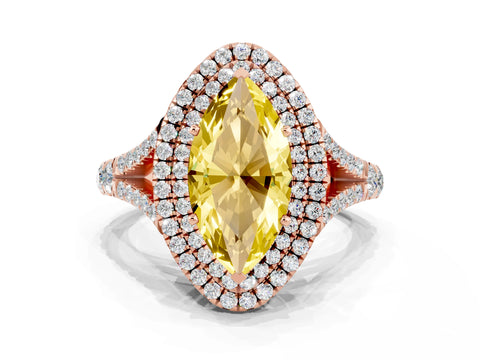 Rose gold Double Halo Marquise Cut Yellow Sapphire Pavé Split Shank Ring with Prong Setting