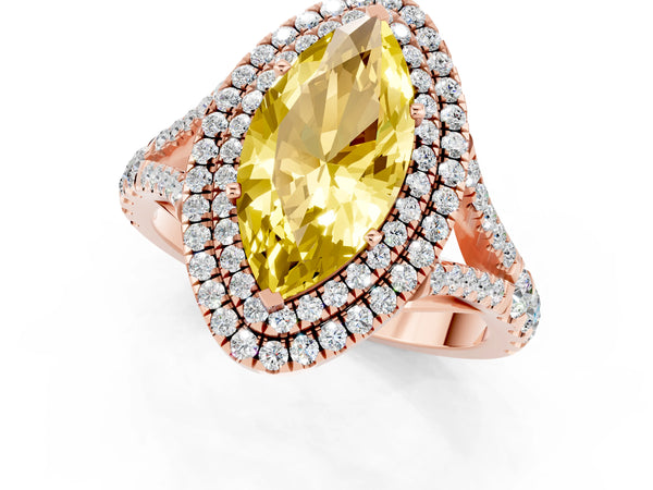 Rose gold Double Halo Marquise Cut Yellow Sapphire Split Shank Engagement Ring with Four-Prong Setting