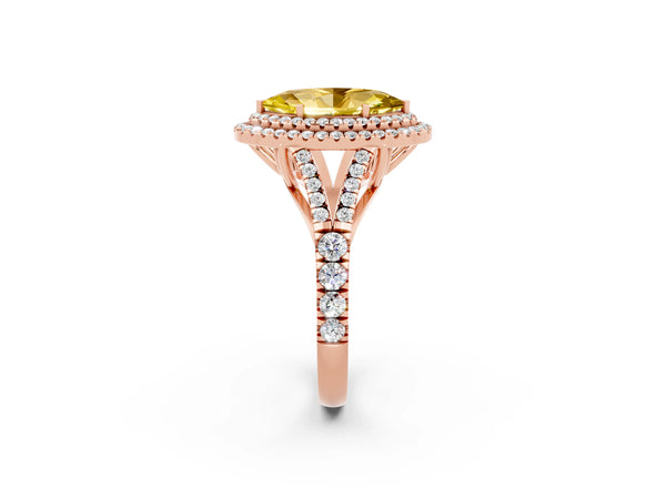 Rose gold Double Halo Marquise Cut Yellow Sapphire Split Shank Engagement Ring with Four-Prong Setting