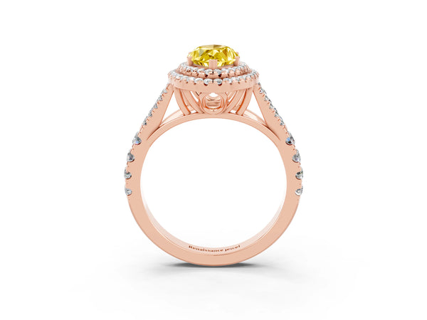 Rose gold Double Halo Marquise Cut Yellow Sapphire Split Shank Engagement Ring with Four-Prong Setting
