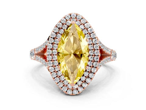 Rose gold Double Halo Marquise Cut Yellow Sapphire Split Shank Engagement Ring with Four-Prong Setting