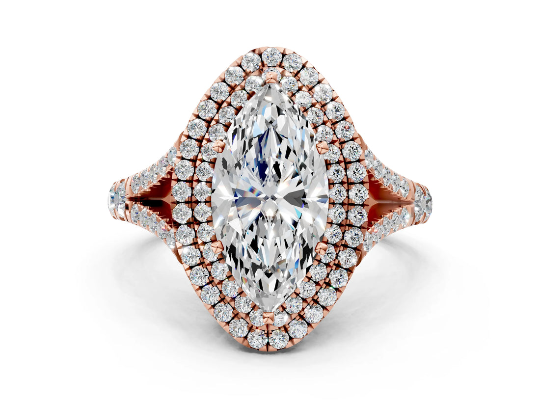 Rose gold Double Halo Marquise-Shaped Split Shank Diamond Ring with Prong Setting_19