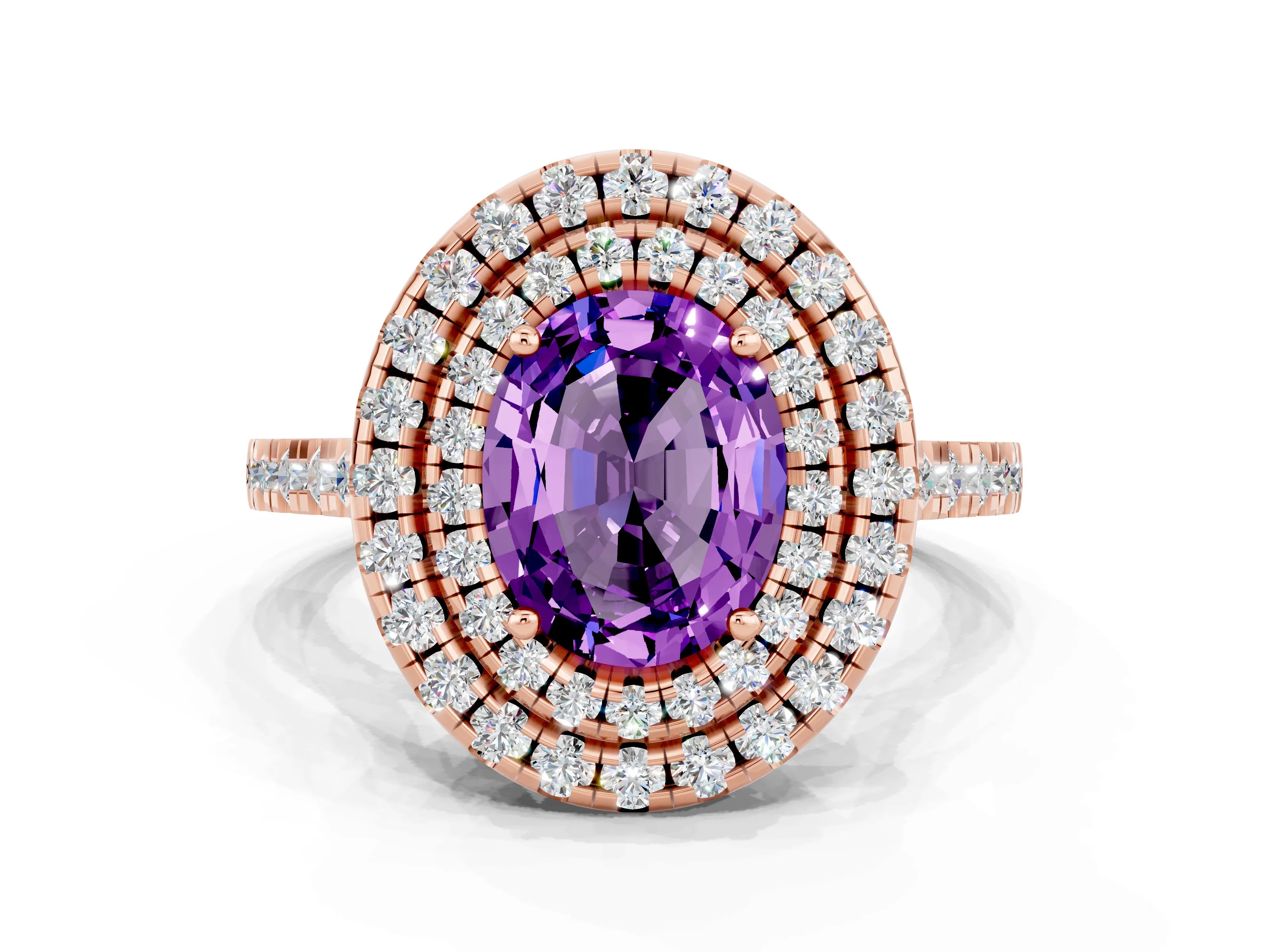 Rose gold Double Halo Oval Cut Amethyst Pavé Band with Four-Prong Setting