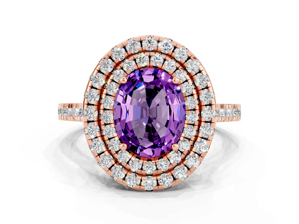 Rose gold Double Halo Oval Cut Amethyst Pavé Band with Four-Prong Setting