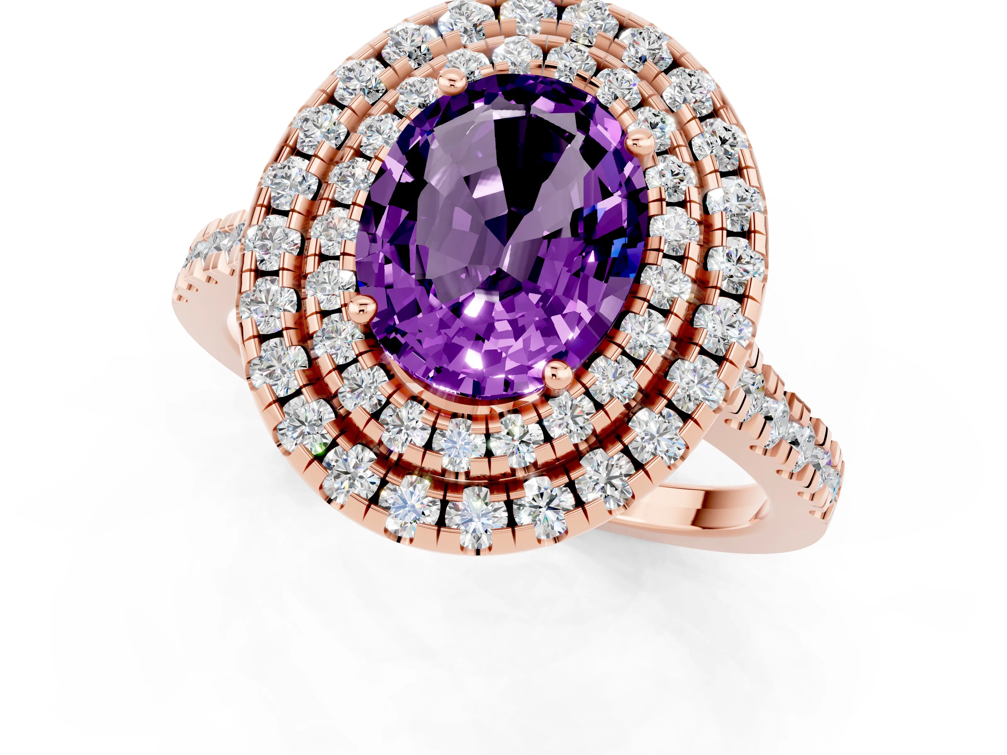 Rose gold Double Halo Oval Cut Amethyst Pavé Band with Four-Prong Setting_1