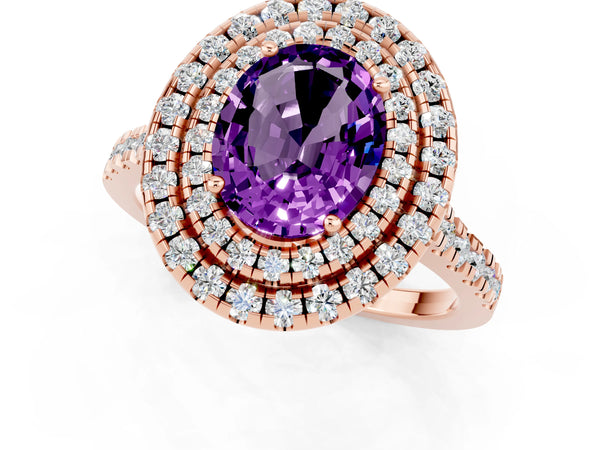 Rose gold Double Halo Oval Cut Amethyst Pavé Band with Four-Prong Setting