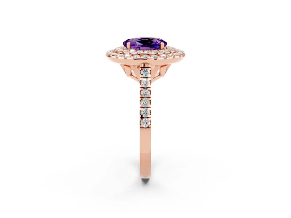 Rose gold Double Halo Oval Cut Amethyst Pavé Band with Four-Prong Setting