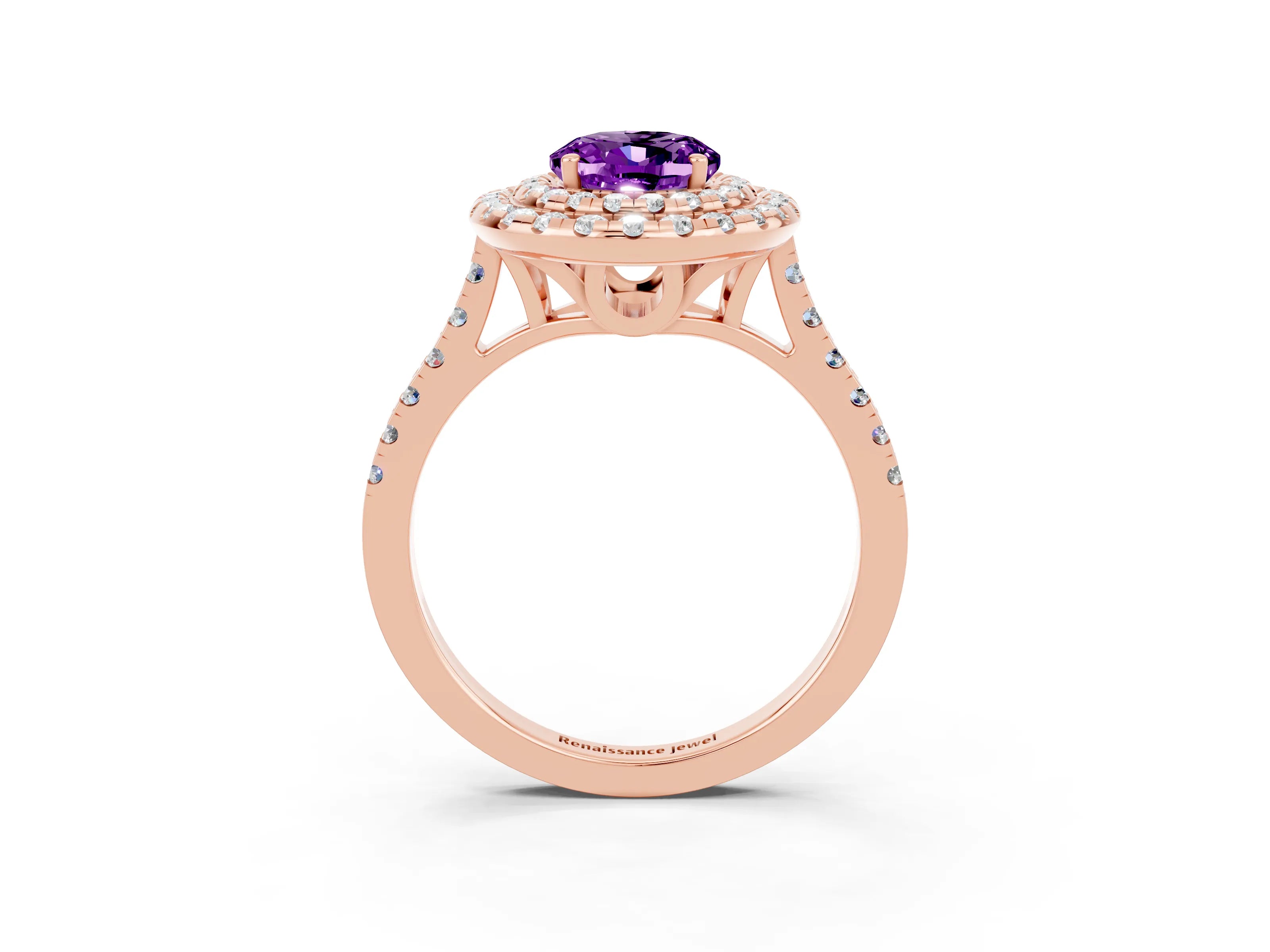 Rose gold Double Halo Oval Cut Amethyst Pavé Band with Four-Prong Setting_3