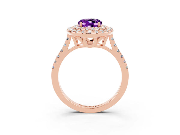 Rose gold Double Halo Oval Cut Amethyst Pavé Band with Four-Prong Setting