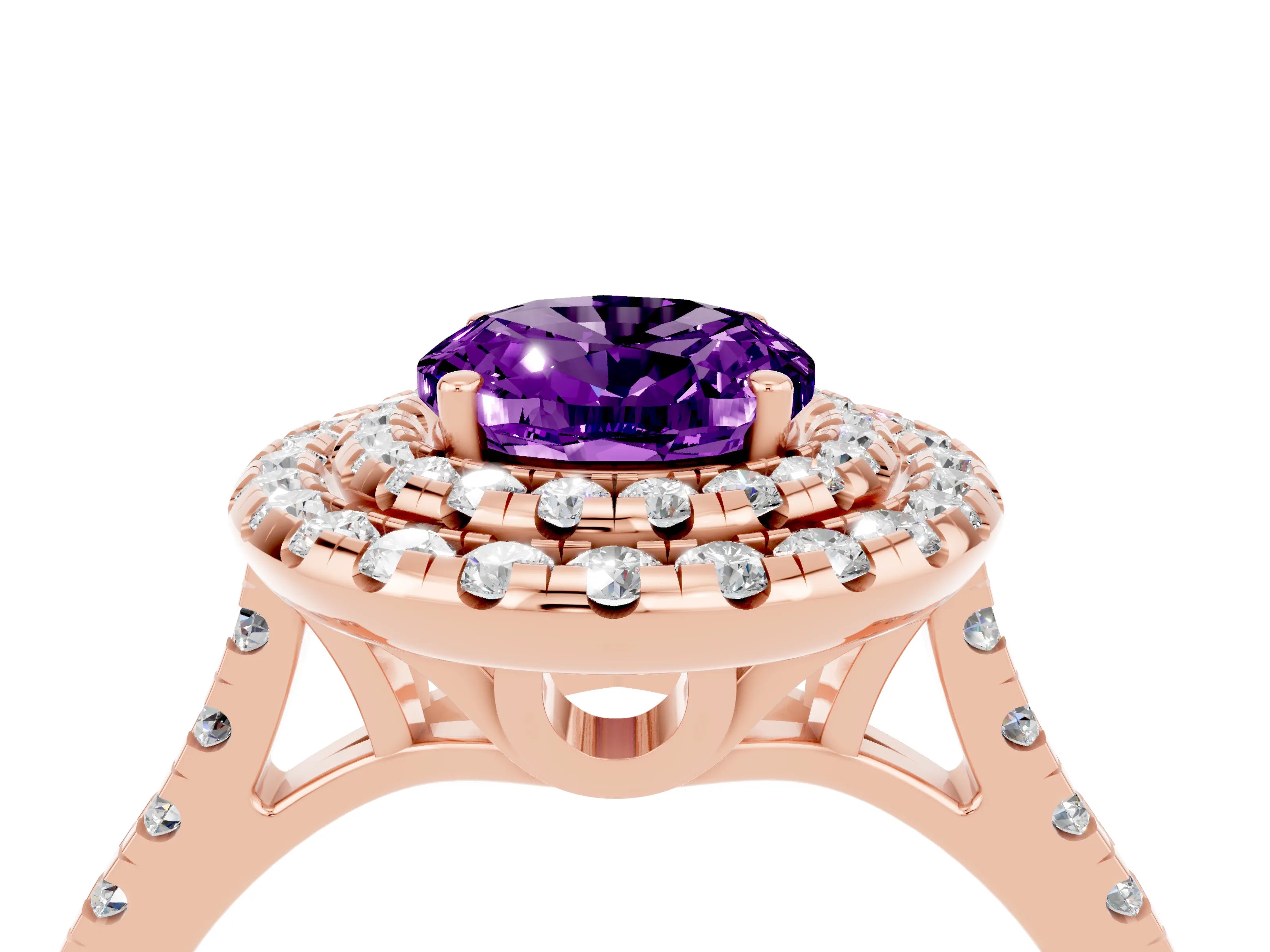 Rose gold Double Halo Oval Cut Amethyst Pavé Band with Four-Prong Setting_4