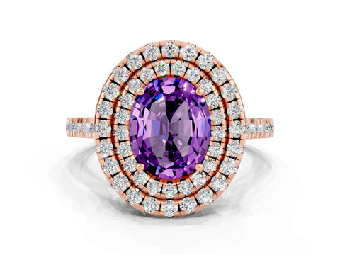Rose gold Double Halo Oval Cut Amethyst Pavé Band with Four-Prong Setting