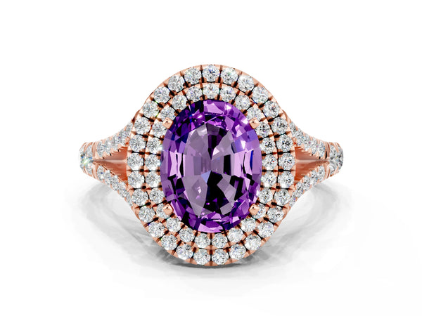 Rose gold Double Halo Oval Cut Amethyst Pavé Split Shank Ring with Prong Setting