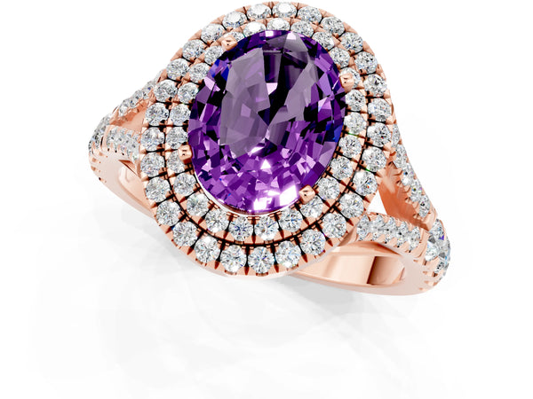 Rose gold Double Halo Oval Cut Amethyst Pavé Split Shank Ring with Prong Setting