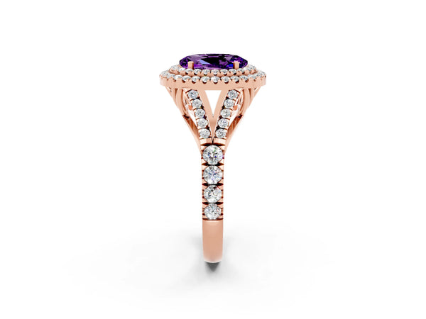 Rose gold Double Halo Oval Cut Amethyst Pavé Split Shank Ring with Prong Setting