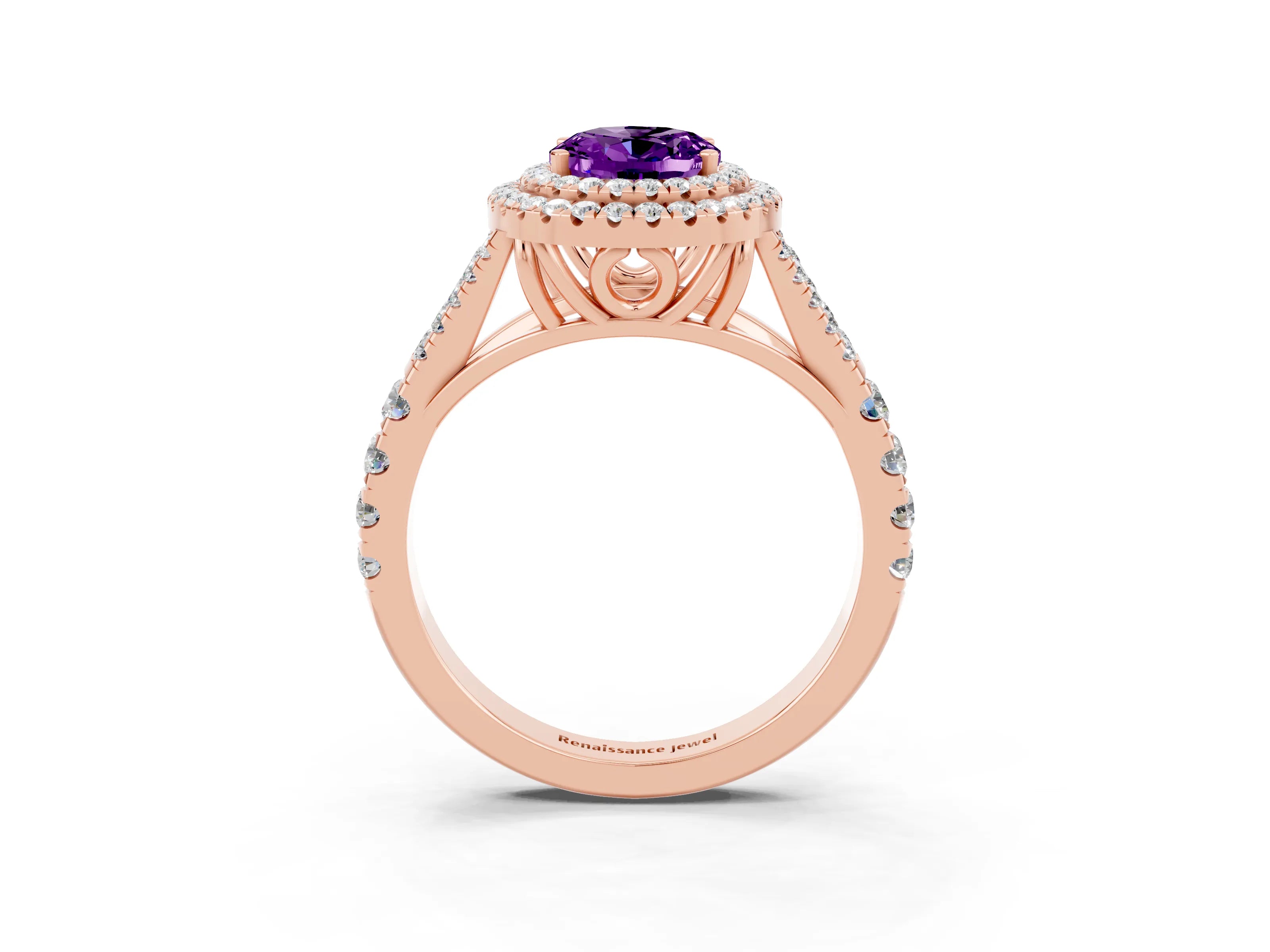 Rose gold Double Halo Oval Cut Amethyst Pavé Split Shank Ring with Prong Setting_3