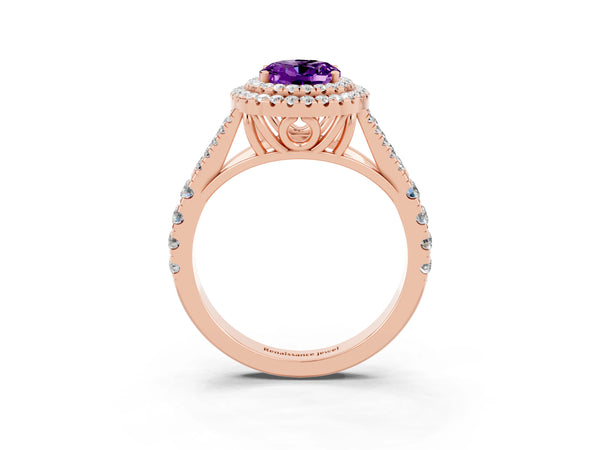 Rose gold Double Halo Oval Cut Amethyst Pavé Split Shank Ring with Prong Setting