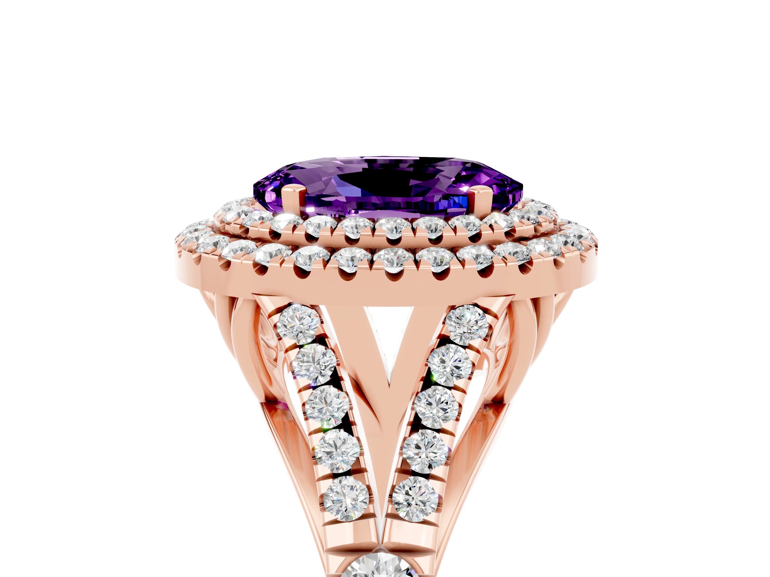 Rose gold Double Halo Oval Cut Amethyst Pavé Split Shank Ring with Prong Setting_5