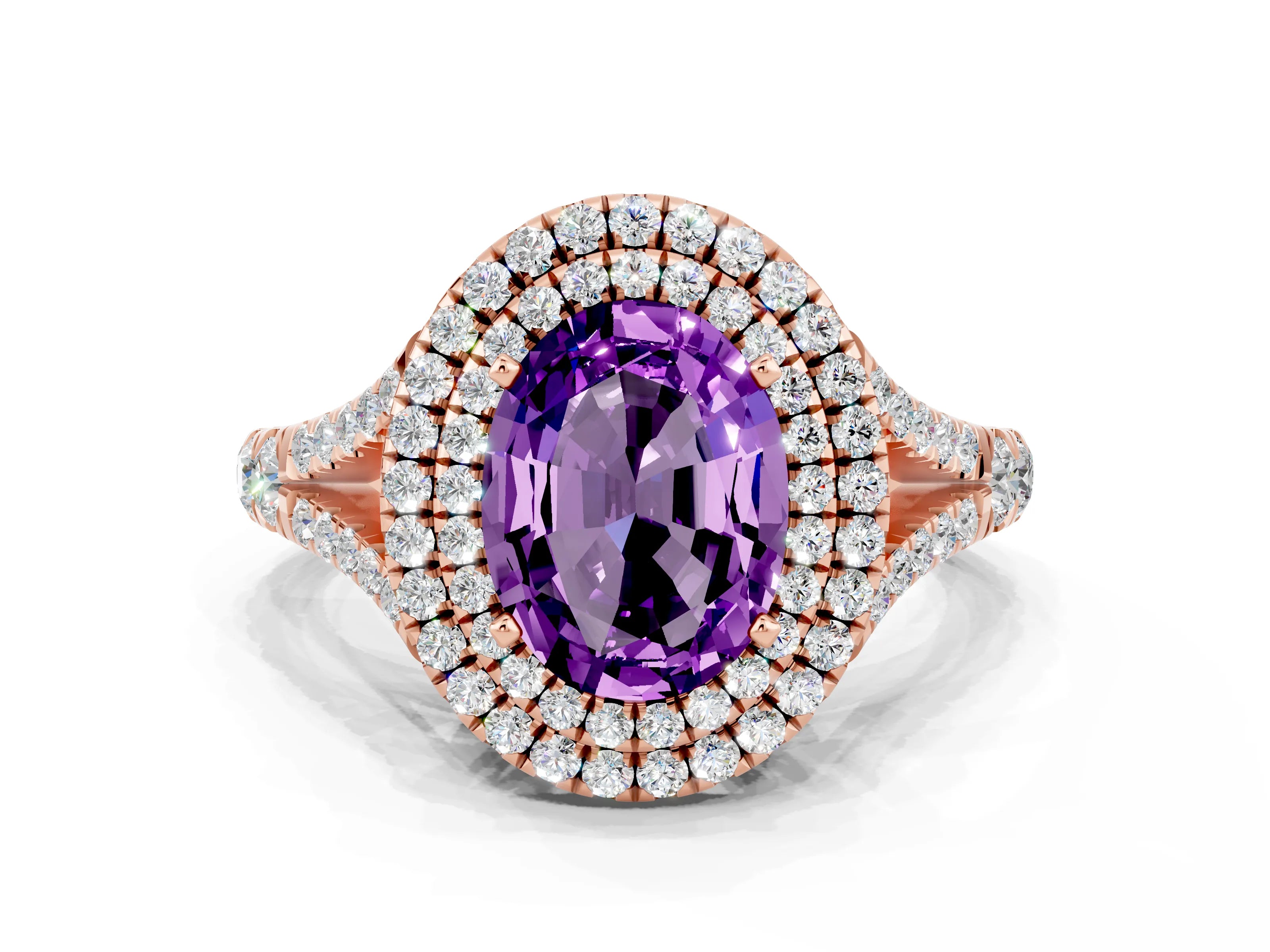 Rose gold Double Halo Oval Cut Amethyst Split Shank Engagement Ring with Four-Prong Setting