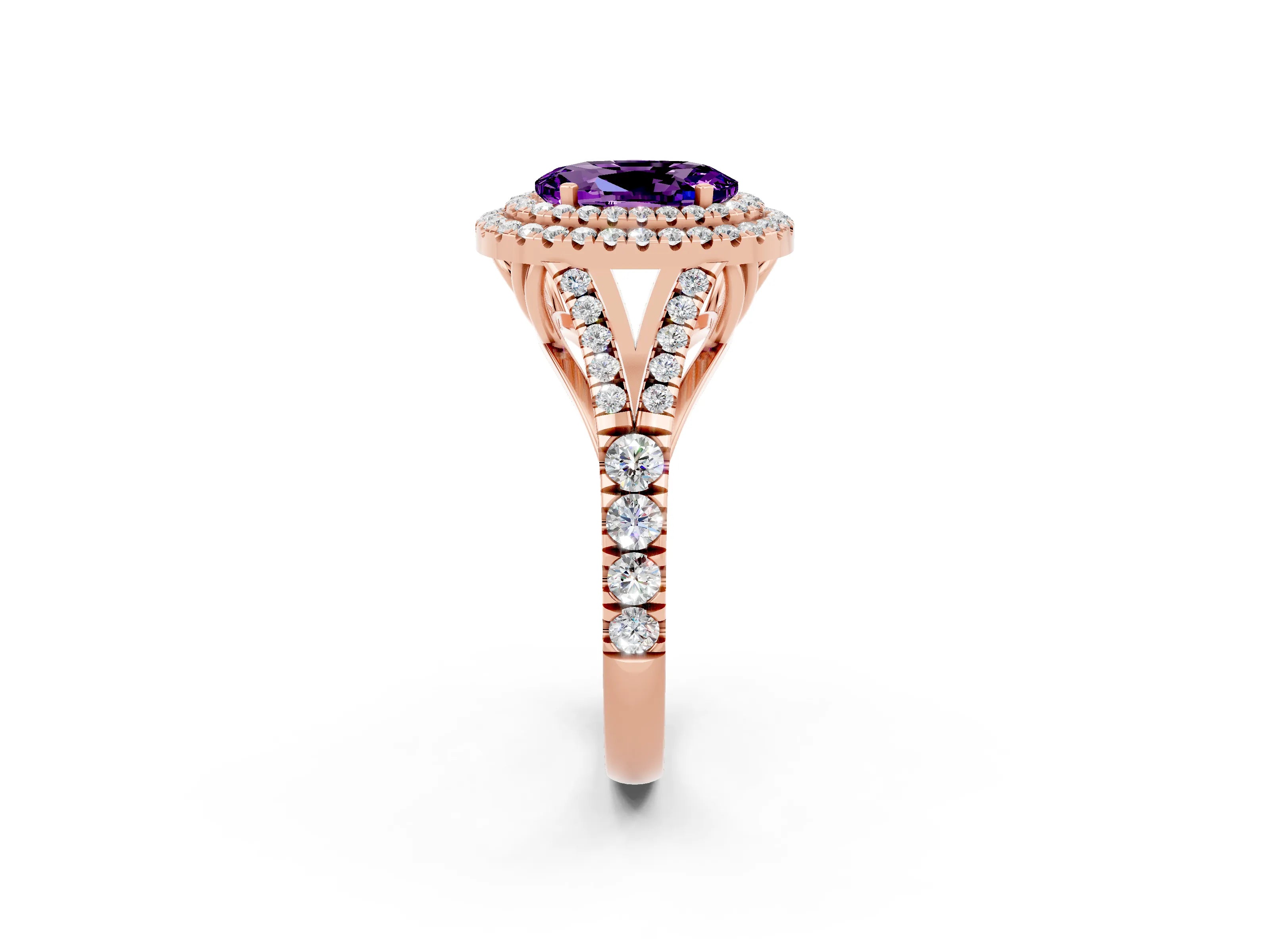 Rose gold Double Halo Oval Cut Amethyst Split Shank Engagement Ring with Four-Prong Setting_2