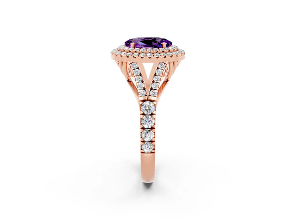 Rose gold Double Halo Oval Cut Amethyst Split Shank Engagement Ring with Four-Prong Setting